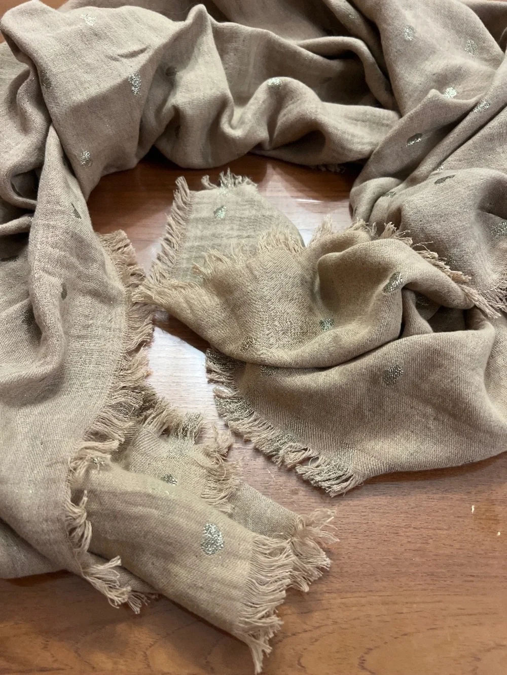 Azure Skies by Aritzia - Large Oatmeal Beige Scarf with Gold Hearts